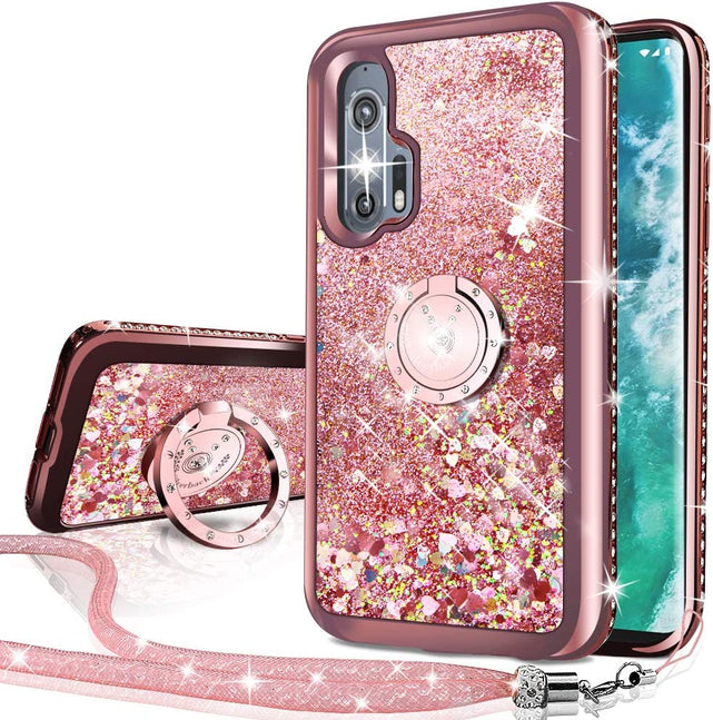 Redpepper Moto Edge Plus cover glitter oro rosa con anello TPU