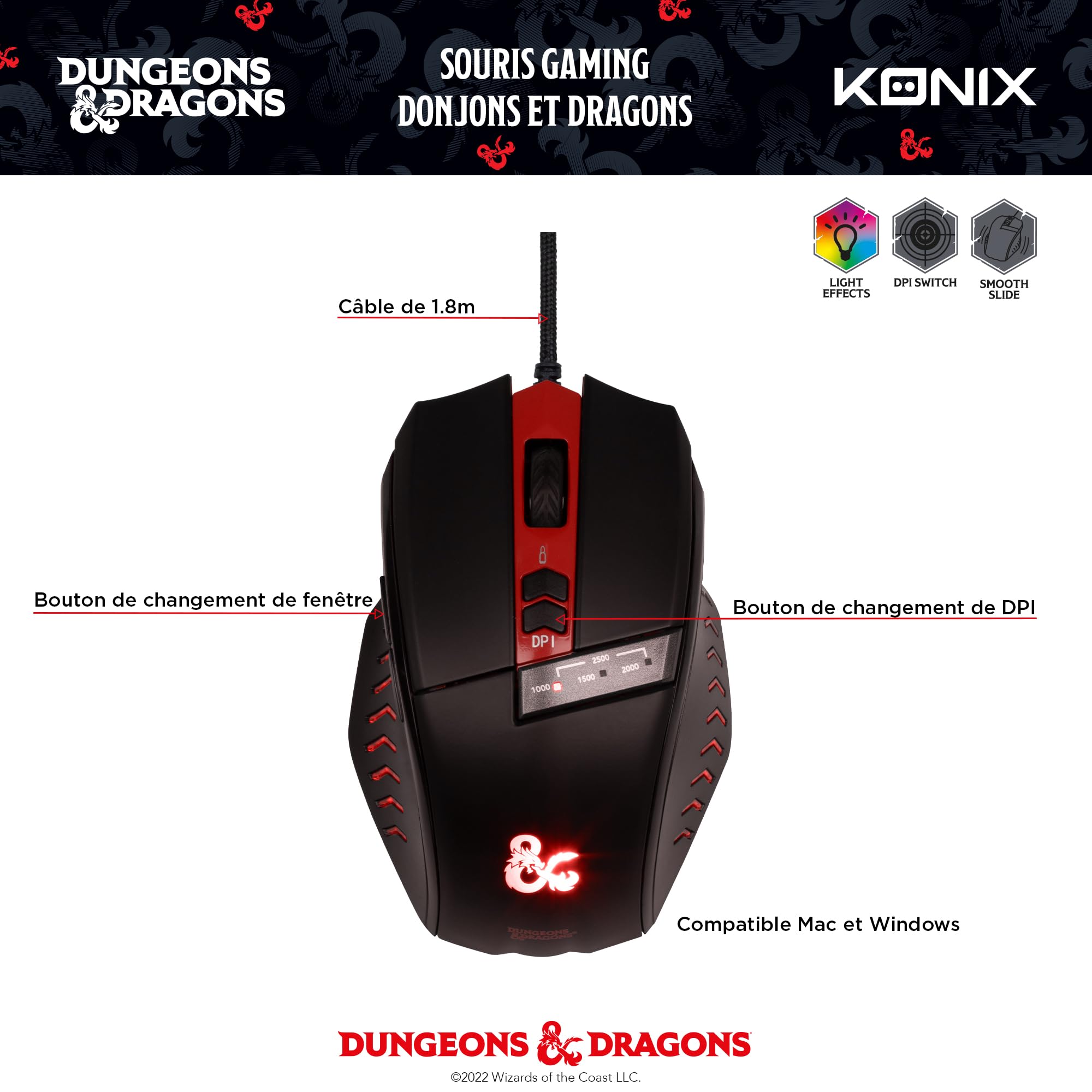 Konix Dungeons & Dragons Mouse Gaming USB Nero Rosso Cavo 1,8m