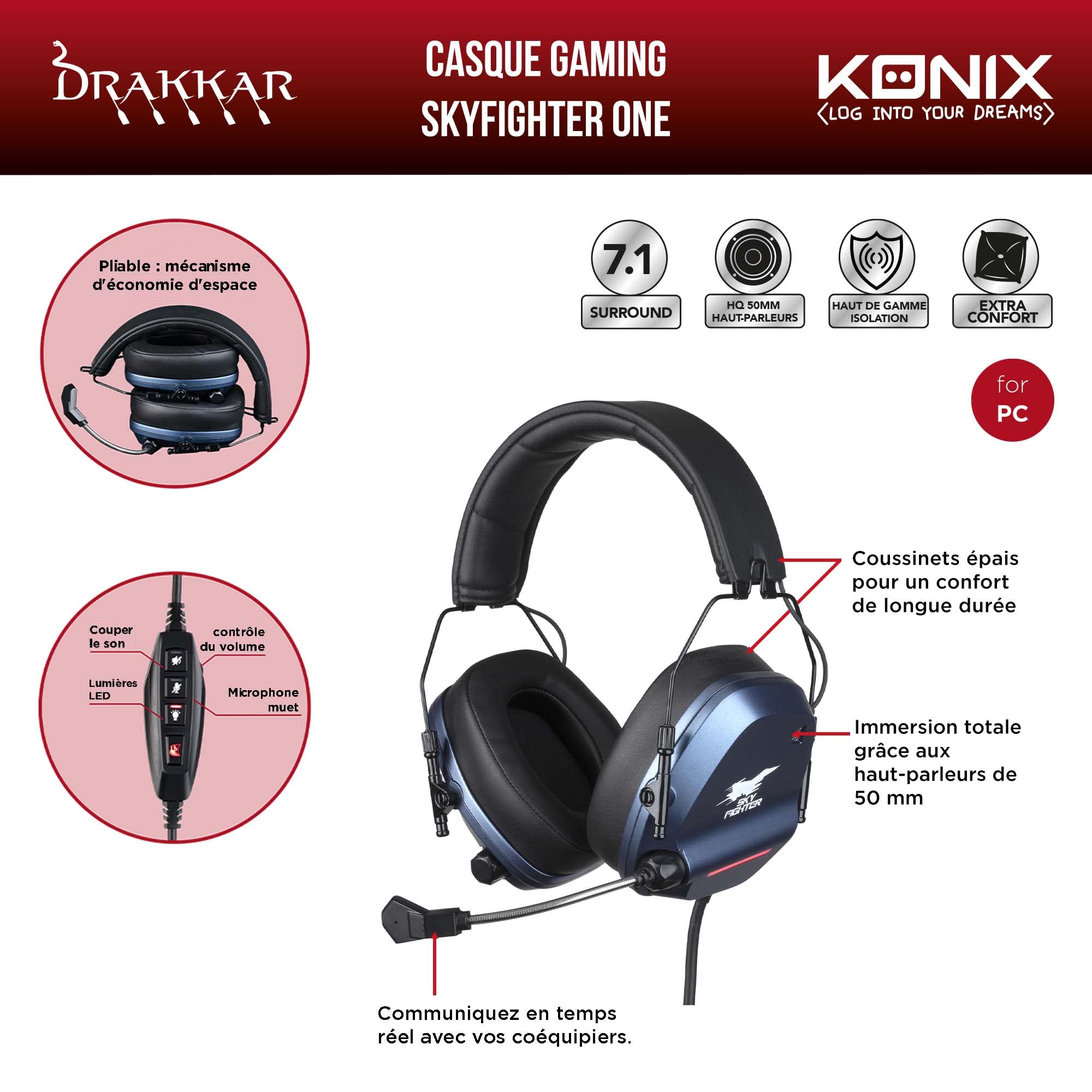 Konix Drakkar Skyfighter One cuffie gaming nero blu 50 mm