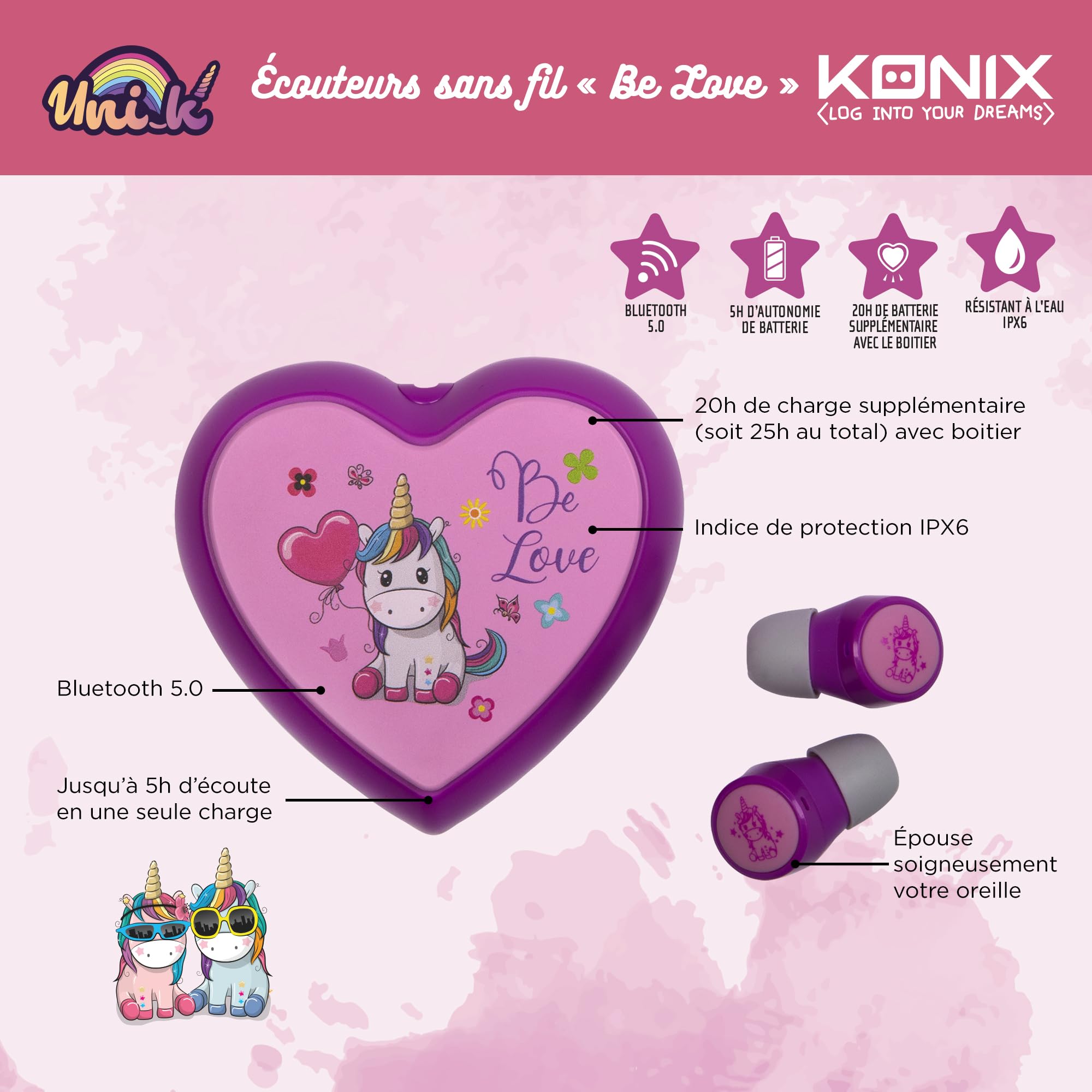 Konix Headsets auricolari wireless Be Love unicorno Bluetooth 5.0