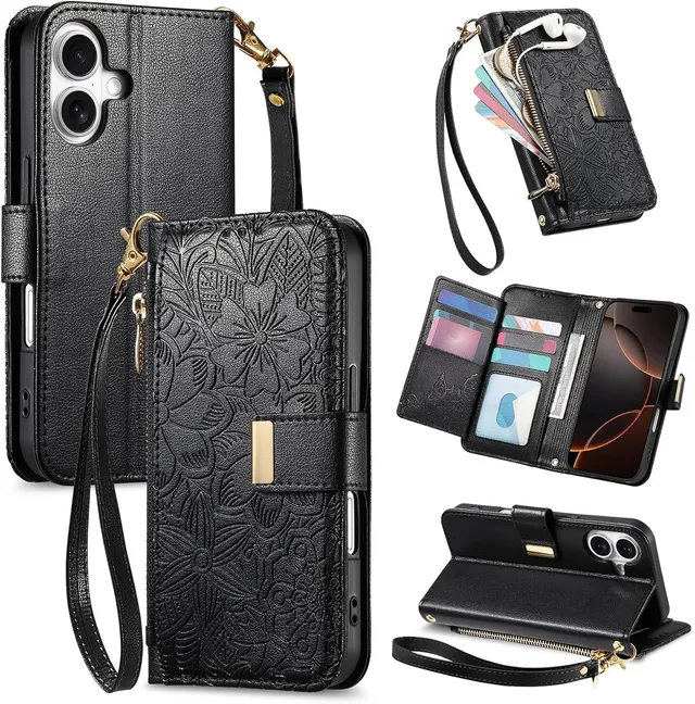 Redpepper iPhone 17 Custodia Portafoglio Nera Zip Vintage