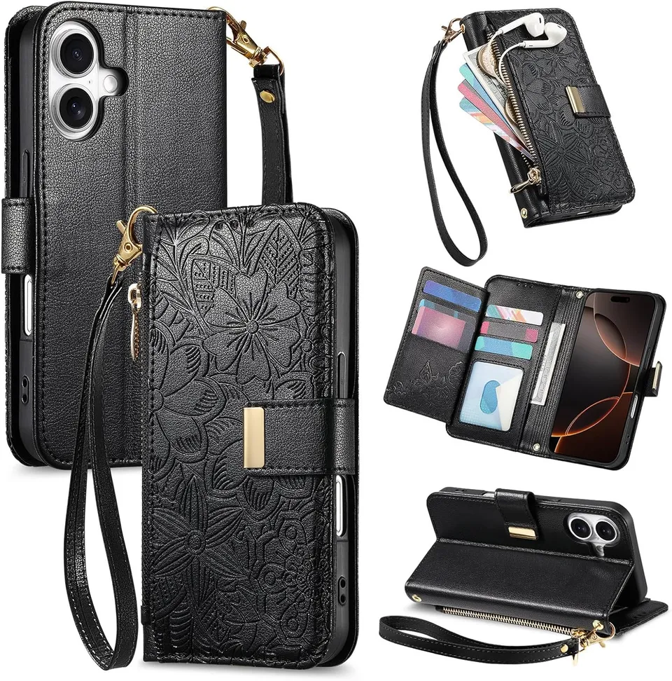 Redpepper iPhone 17 Custodia Portafoglio Nera Zip Vintage