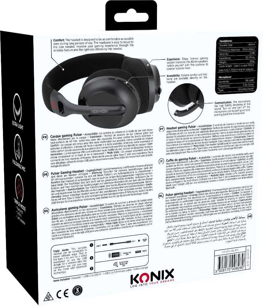 Konix Pulsar Cuffie Gaming 180g Bluetooth Nere 40mm