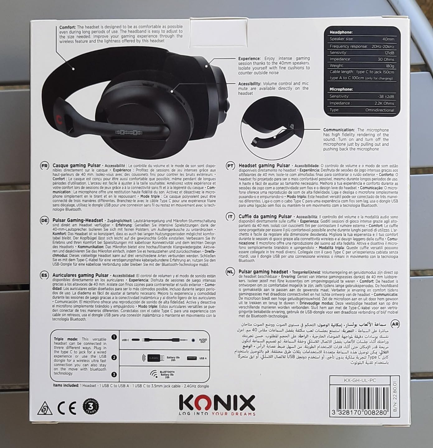 Konix Pulsar Cuffie Gaming 180g Bluetooth Nere 40mm